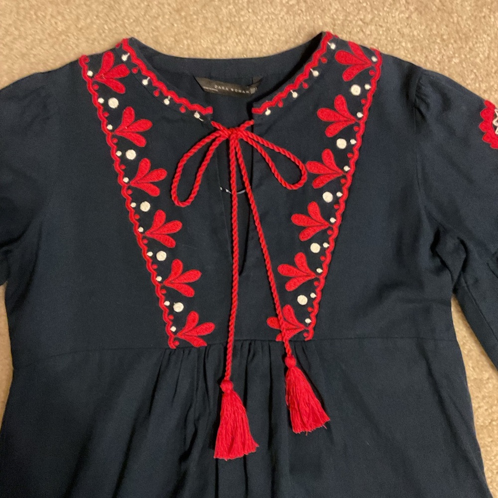 Zara Woman Boho Navy Blue Red Embroidered Tunic Long Sleeve Midi Dress Women’s L - Picture 8 of 14